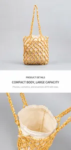 Detailed macro view of woven wooden bead handbag with canvas drawstring inner pouch