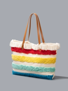 Grande borsa da spiaggia in tela tessuta colorata con nappe e manici in pelle marrone