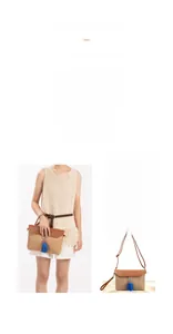 Detail shot of straw woven shoulder bag with brown leather trim and blue tassel accessory