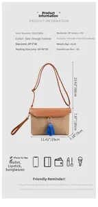 Detail of straw woven envelope bag featuring blue tassel and versatile carry straps