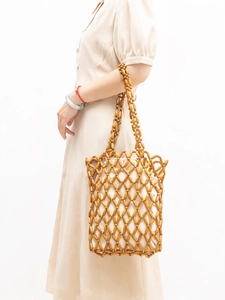 Handmade Wood Bead Woven Shoulder Bag For Women Vintage Bohemian Mesh Tote With Drawstring Inner Pouch Beach Vacation Handbag