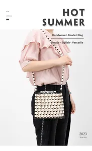 Detail of handcrafted woven wooden bead crossbody bag with black and cream patterns