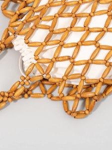 Handmade wooden bead woven handbag with yellow beads and drawstring inner pouch