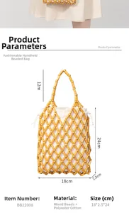 Detail view of handmade wooden bead handbag with dimensions 18x2.5x24cm and 12cm handles