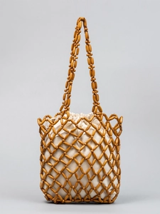 Handmade wooden bead woven handbag with cream drawstring cotton lining for women