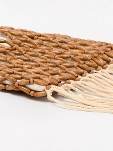 Handmade bohemian wood bead handbag with cotton fringe and canvas lining detail