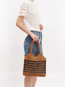Borsa a Mano in Perline di Legno Intrecciate a Mano Grande Capacità Colore a Contrasto Bohémien Borsa da Spiaggia Donna