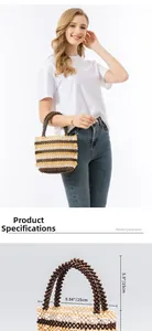Detailed size view of a handmade wooden bead handbag with striped beach holiday pattern