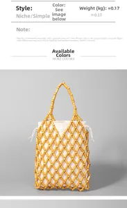 Detail of yellow wooden bead woven handbag with white drawstring canvas lining