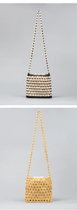 Detail of woven beaded crossbody bags with wooden beads and drawstring canvas liners