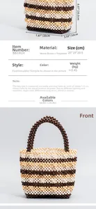 Detailed size chart for handmade striped wooden bead handbag with dimensions and weight