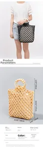 Macro shot of handmade woven wood bead handbag with high-quality interior fabric lining