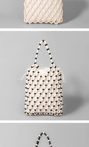 Close-up of woven bead handbag showing the mesh texture and canvas drawstring liner