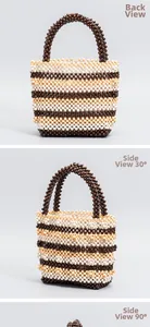 Detailed views of the handmade beaded wooden tote bag from multiple side and back angles