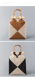 Close-up of handmade beaded handbags with bamboo handles in brown and black color options