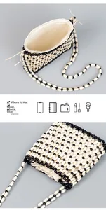 Detail showing high-capacity woven bead bag interior with wallet and phone storage