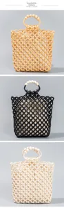 Three colors of handmade woven beaded handbags with large round bead handles and inner pouch
