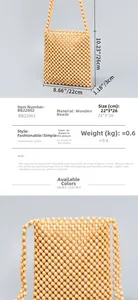 Detailed size chart of handmade wood bead crossbody bag with dimensions 22x3x26cm