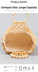 Detail view of woven wood bead handbag with high capacity for phone and sunglasses