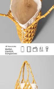 Detail view of woven wood bead bucket bag with white canvas drawstring inner pouch