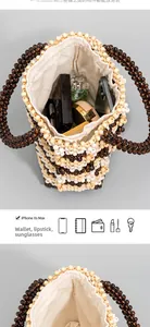 Internal view of handmade beaded bucket bag showing space for phone and wallet