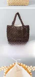Macro detail of handmade wooden bead weaving and drawstring fabric liner of the handbag