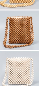 Detailed comparison of handmade wooden bead crossbody bags in natural, brown, and cream white