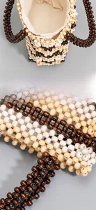 Detailed macro view of woven wooden beads and beige fabric drawstring lining of the bag