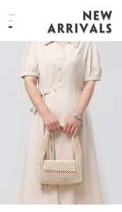 Detail of hand-woven cream beaded underarm bag with smooth pearls and flap closure