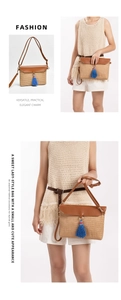 Detail of bohemian straw crossbody bag with leather flap and vibrant blue tassel charm