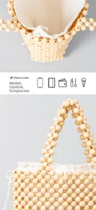 Detail of hand-woven wooden bead bag showing smooth texture and white canvas drawstring bag