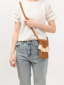 Handmade Woven Wood Bead Crossbody Bag Bohemian Tassel Shoulder Phone Bag For Women Summer Beach Vacation Travel Handbag