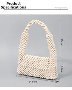Detailed view of handmade cream wooden bead woven handbag with product dimensions