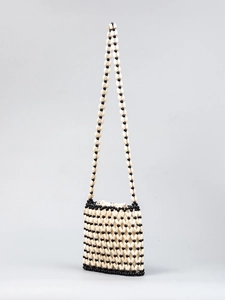 Women Hand Woven Wooden Bead Bag Retro Bohemian Crossbody Shoulder Bag Drawstring Liner Summer Beach Fashion Party Purse
