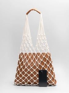 Women Woven Cotton Rope Net Tote Bag With PU Leather Inner Pouch Zipper Closure Handmade Beach Vacation Shoulder Bag