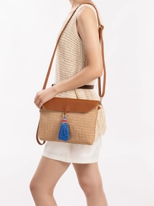 Women's Straw Woven Shoulder Bag Bohemian Beach Vacation Crossbody Bag With Blue Tassel PU Leather Flap Magnetic Closure Summer Handbag