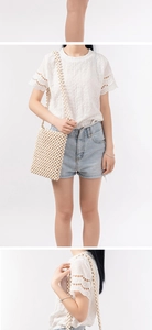 Vertical three-part view of handmade cream white beaded crossbody bag for summer
