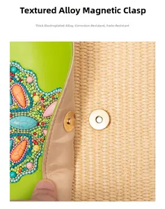 Detail der Bohème-Strohtasche mit goldenem Magnetverschluss und bunter Perlenstickerei