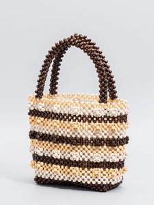 Handmade Wooden Bead Woven Handbag For Women Vintage Striped Beaded Tote Bag With Drawstring Lining Beach Vacation Purse