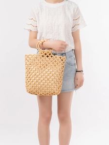 Handmade Wood Bead Hollow Woven Handbag For Women Summer Vacation Beach Tote Bag With Drawstring Canvas Liner Vintage Boho Beaded Top Handle Bag