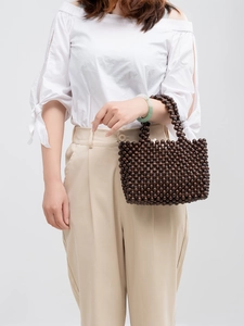 Handmade Woven Wood Bead Handbag For Women Vintage Boho Beaded Tote Bag With Canvas Pouch Summer Beach Travel Purse