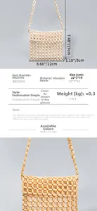 Detailed size specifications and close-up view of handmade wooden bead shoulder bag