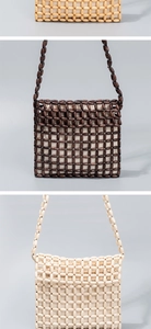 Detail of handmade beaded shoulder bags showing wooden bead texture and inner lining