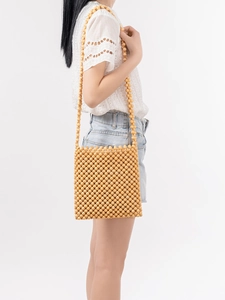 Handcrafted Maple Wood Beaded Shoulder Bag For Women Bohemian Hollow Square Crossbody Bag With Cotton Lining For Daily Vacation