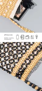 Detailed view of hand-woven wooden bead bag with a canvas pouch and storage capacity