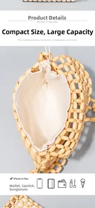 Detail view of handmade wooden bead bag with a white drawstring inner pouch and large capacity