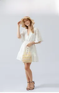 Elegant white lace V-neck dress with ruffled sleeves and A-line silhouette for summer