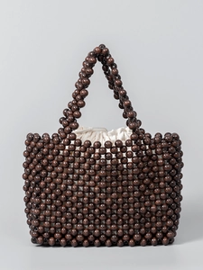 Handmade bohemian dark brown wooden bead tote bag with canvas drawstring inner pouch