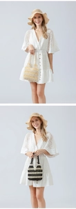 Detailed white lace mini dress with V-neckline and elegant handmade beaded handbags