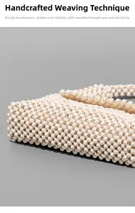 Macro shot of handcrafted off-white bead woven handbag detailing the mesh texture